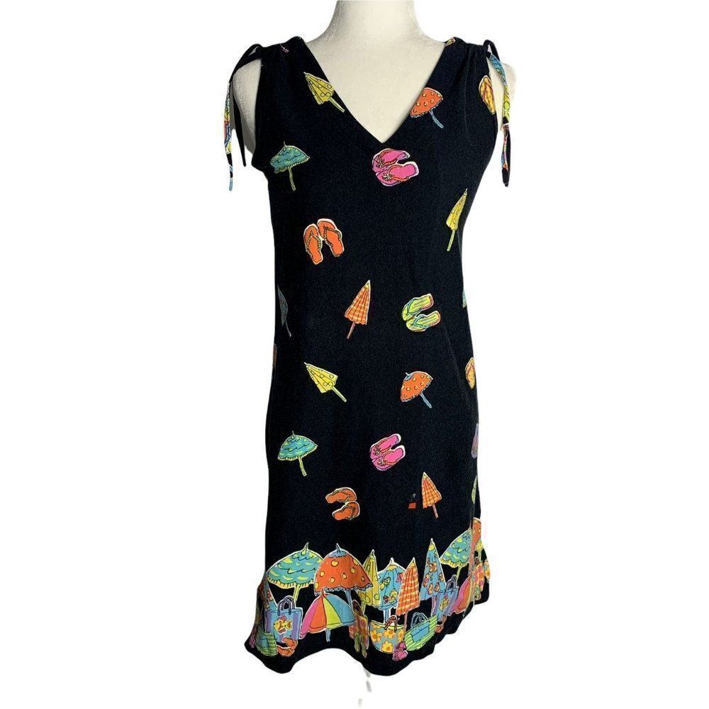Vintage Sleeveless Knit Shift Dress S Black Midi Summer Beach Sandals Umbrellas
